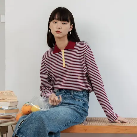 omont蛋挞家 复古撞色条纹长袖T恤女夏季百搭宽松polo打底衫上衣图片
