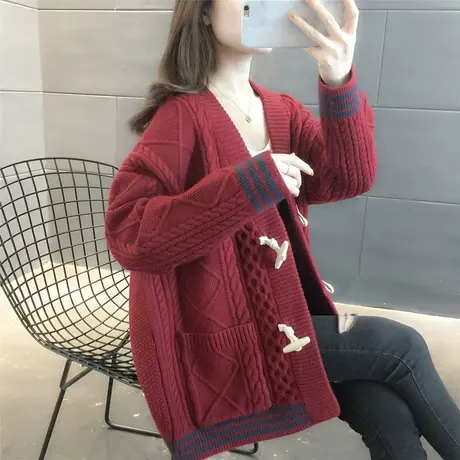 女士毛衣外套开衫2023年新款秋冬加厚牛角扣针织上衣春秋百搭女装图片