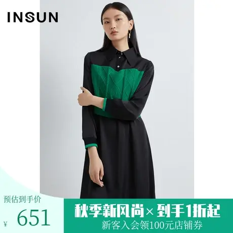 恩裳2023年早春新品毛梭拼接撞色假两件仿醋酸缎面连衣裙图片