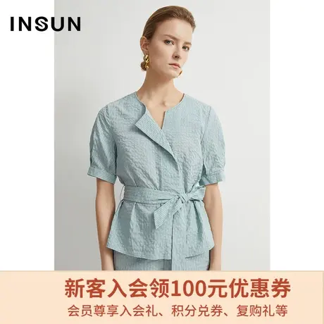 恩裳商场同款夏季莫代尔时尚休闲条纹小褶束腰修身短袖衬衫女图片