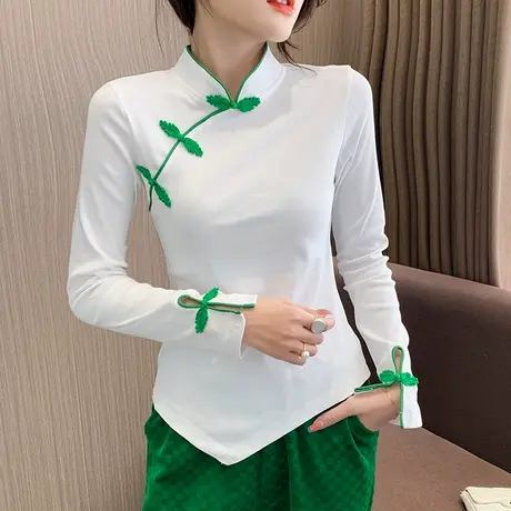 国风盘扣打底衫女长袖2023新款复古唐装不规则上衣撞色超火T恤春图片