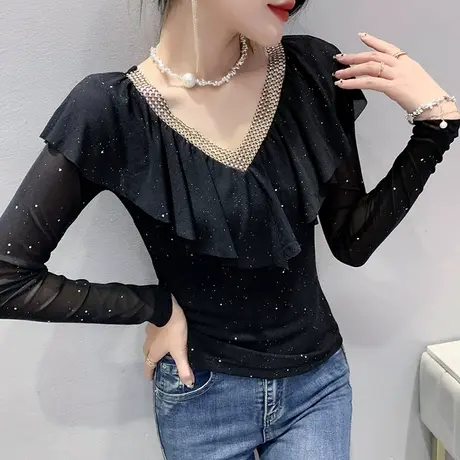欧货网纱打底衫女长袖设计感小众荷叶边上衣早秋烫钻性感V领T恤潮图片