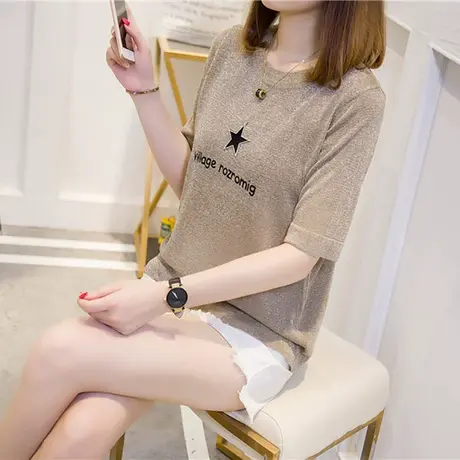 夏装2023年新款网红t恤女ins潮冰丝针织衫短袖女上衣亮丝夏季薄款商品大图