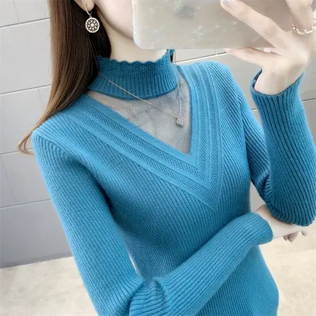 半高领修身蕾丝拼接内搭打底衫秋冬2021新款洋气百搭紧身女士毛衣商品大图