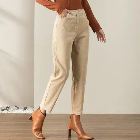 卡其色灯芯绒裤子女秋冬加绒女裤冬季条绒裤九分萝卜裤老爹哈伦裤商品大图