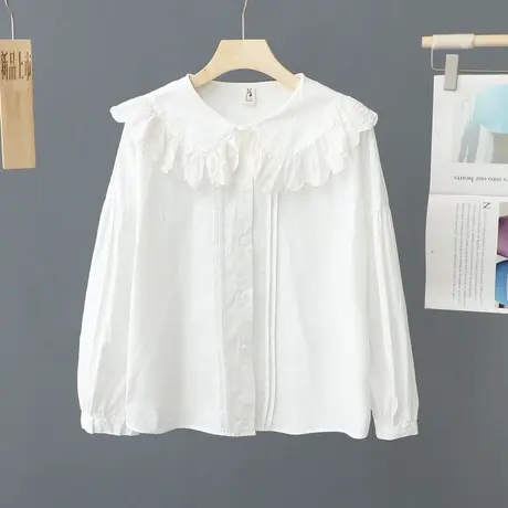 日系软妹可爱风娃娃领白色衬衫女春装新款森女风宽松长袖衬衣上衣商品大图