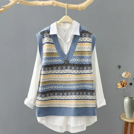 秋季2023新款文艺条纹V领套头针织马甲女宽松外搭无袖毛衣毛背心图片