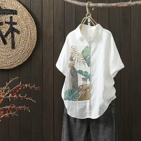 枫谜2022年夏季新款复古印花双层棉纱短袖衬衫休闲衬衣图片