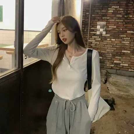 T恤女小个子修身短款长袖内搭打底衫2023秋季新款不规则针织上衣商品大图