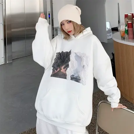 春秋2023新款港味chic上衣连帽oversize加绒卫衣短款小个子秋冬女商品大图