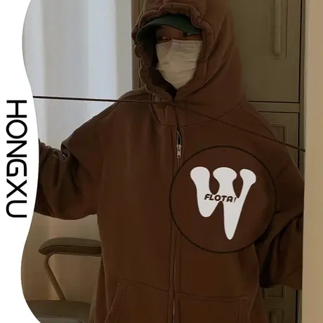 红续韩版bf学院风棕色卫衣开衫2023秋冬加厚显瘦百搭拉链上衣外套商品大图