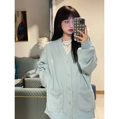 华夫格开衫卫衣女春秋薄款ins宽松bf慵懒风小众别致chic上衣外套商品大图