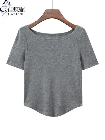 夏季新款一字领修身纯棉纯色下摆圆弧纯欲性感短袖体恤上衣女打底图片