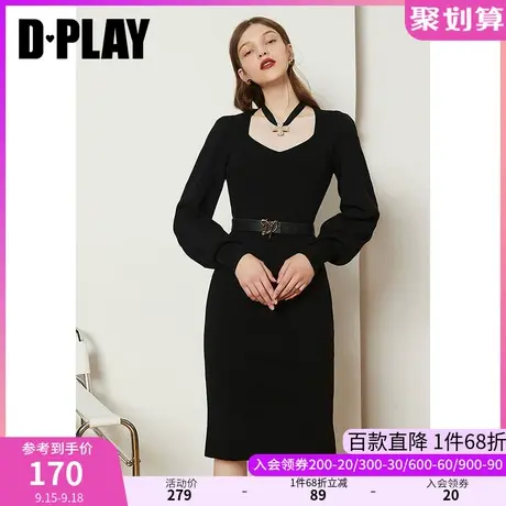 DPLAY德帕拉秋装款黑色宫廷领复古泡泡袖收腰针织连衣裙商品大图