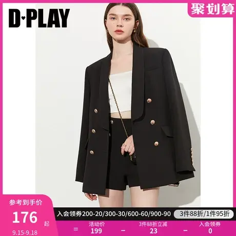 DPLAY2023秋新气质通勤经典黑青果领轻奢金属双排扣宽松西装外套图片
