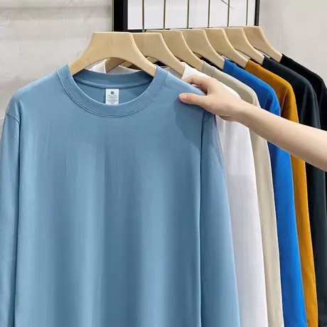 日系230G重磅长袖t恤男纯棉秋季2023纯色白色圆领打底衫潮男卫衣商品大图