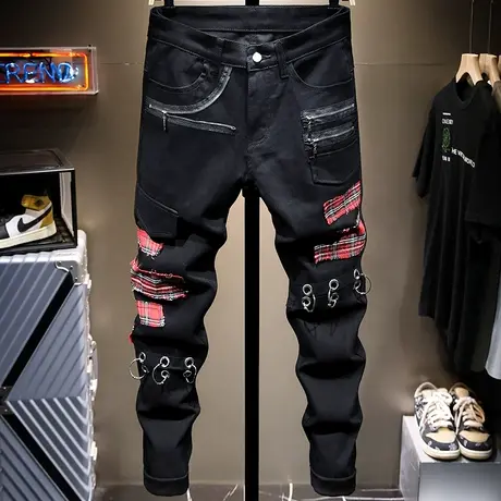 夏季薄款欧美潮流男装牛仔裤修身小脚街头潮流补丁贴布男士网红款商品大图