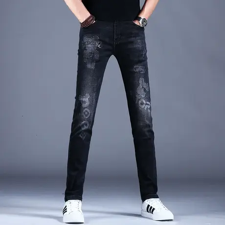 男士轻奢印花黑色牛仔裤男修身小脚休闲裤子夏季2023新款弹力潮牌商品大图