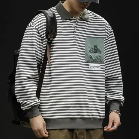 潮牌重磅POLO卫衣男秋冬款翻领男款条纹衣服秋季2023新款长袖大码商品大图