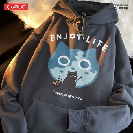 悦游 黑猫钓鱼 日系ins春秋潮流原创早日退休生活加绒连帽卫衣男商品大图