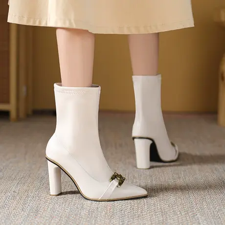尖头粗跟中筒靴女2022年冬季新款显瘦短靴白色软皮高跟弹力瘦瘦靴商品大图