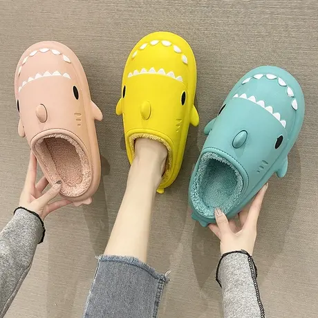 可爱鲨鱼棉拖鞋女秋冬季毛绒保暖情侣居家室内防滑防水拖鞋外穿男商品大图