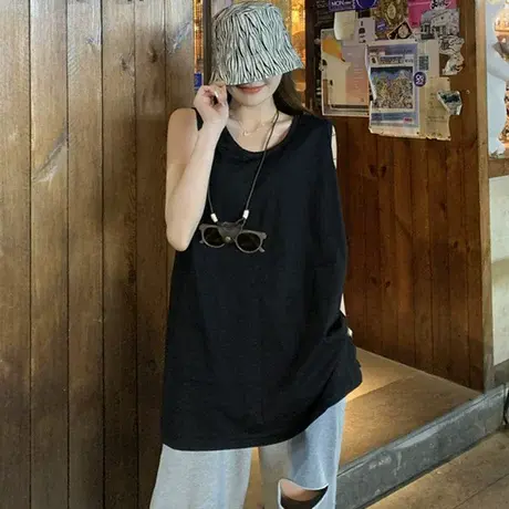 纯棉吊带坎肩运动背心无袖t恤女夏季设计感小众外穿宽松上衣ins潮图片