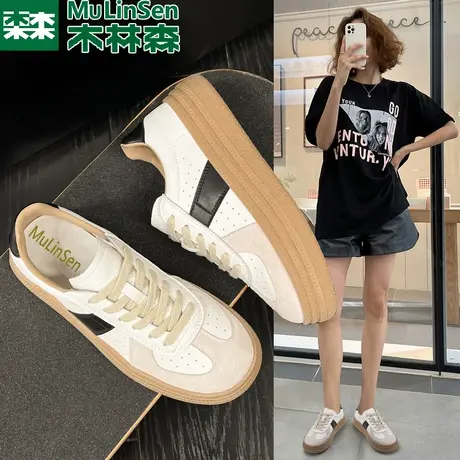 木林森真皮女鞋复古德训鞋女2023新款秋冬厚底百搭休闲鞋运动板鞋图片