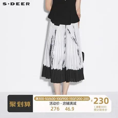 sdeer圣迪奥女装复古休闲松紧水墨晕染褶裥长裙S21261123图片