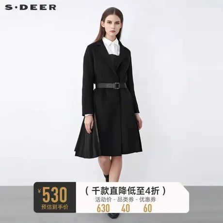 sdeer圣迪奥冬装翻领收腰百褶拼接黑色毛呢大衣S21481851图片