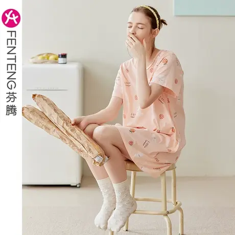芬腾夏季睡裙女薄款纯棉圆领短袖连衣裙卡通少女全棉睡衣家居服图片