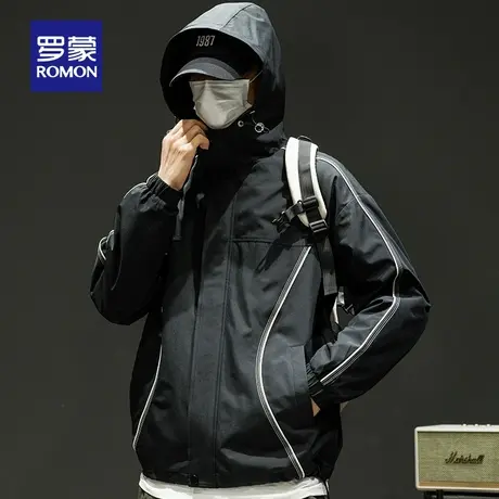 罗蒙冲锋衣外套男春秋季潮牌连帽日系户外登山服徒步露营工装夹克图片