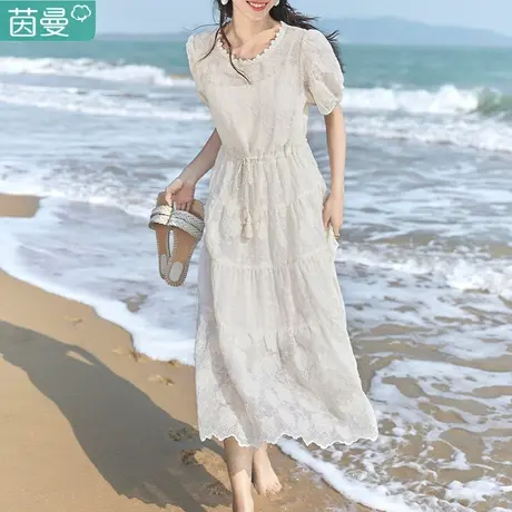 茵曼重工浪漫复古连衣裙女2024年夏季新款泡泡袖收腰显瘦A字裙子图片