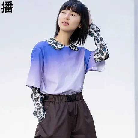 播2023夏季新款螺纹简约圆领渐变印花宽松休闲通勤短袖T恤上衣女商品大图