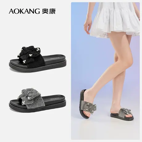 【蝴蝶结拖鞋】奥康女鞋2025夏季新款甜美风珍珠外穿度假时装凉鞋图片
