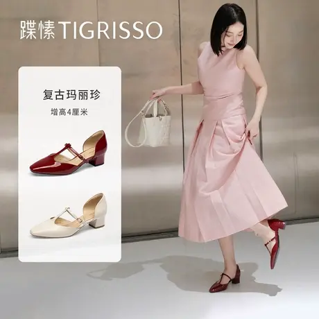 爱丽丝蹀愫25夏新红鞋包头凉鞋丁字带粗跟玛丽珍女单鞋TA65118-15商品大图
