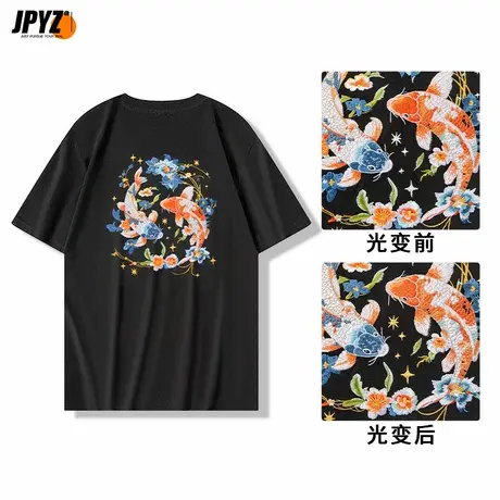 渐变锦鲤刺绣国潮短袖t恤男女情侣款国风高街短袖半袖双鱼座打底商品大图