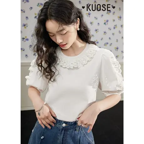 阔色娃娃衫白色T恤女2023夏季新款泡泡袖短袖花边别致上衣图片