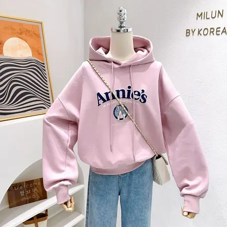 小个子显高~2023秋季韩国东大门ins奶呼呼粉色连帽卫衣外套短款女商品大图