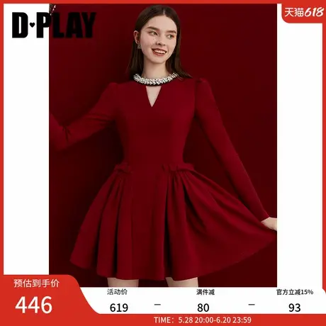 DPLAY冬季新款气质法式蝴蝶结珍珠红色礼服裙连衣裙女红裙图片
