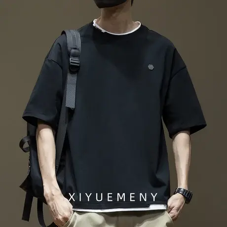 美式假两件短袖t恤男2025夏季新款宽松大码240g重磅刺绣打底衫男商品大图