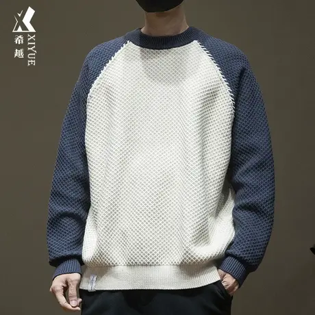 美式撞色拼接插肩袖毛衣男2024秋冬季新款宽松大码男士休闲上衣潮图片