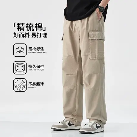 hansca纯棉压褶直筒休闲裤子男夏季薄款宽松机能多口袋工装伞兵裤商品大图