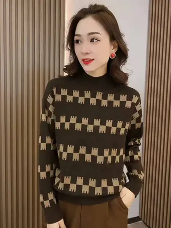 欧货时尚百搭半高领毛衣女冬设计感格子针织打底衫洋气保暖长袖潮图片