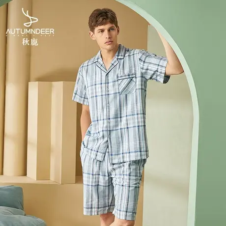 秋鹿【清仓仅剩大码】梭织纯棉格子睡衣套装夏季全棉格纹家居服男商品大图