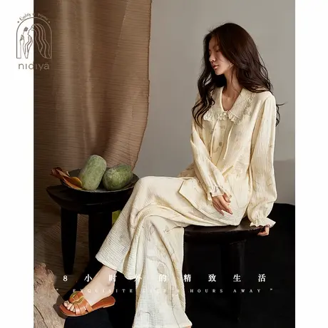 妮狄娅睡衣女秋季纯棉绉纱长袖甜美娃娃领春秋减龄少女家居服套装商品大图