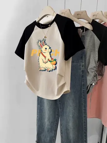 甜酷风hiphop潮牌T恤女夏季ins潮大码纯棉撞色插肩袖闺蜜短袖上衣商品大图