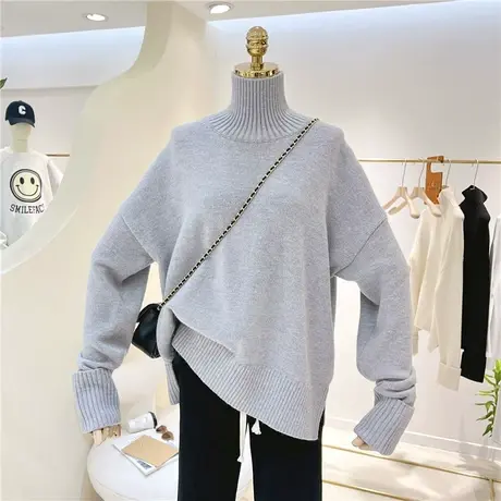百搭复古纯色个性原创卷袖宽松保暖高领开口套头针织毛衣女内搭潮图片