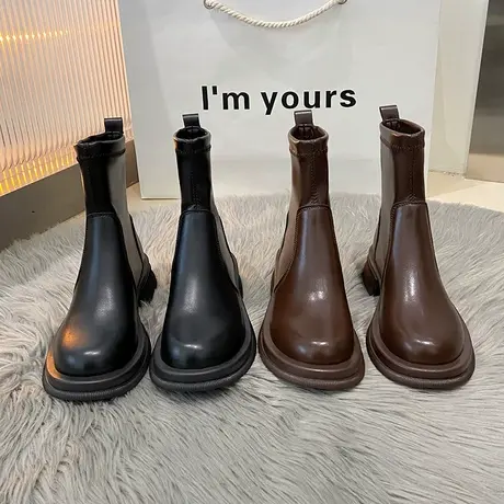 弹力瘦瘦靴女春秋单靴2022新款百搭厚底粗跟及裸靴显瘦法式小短靴图片