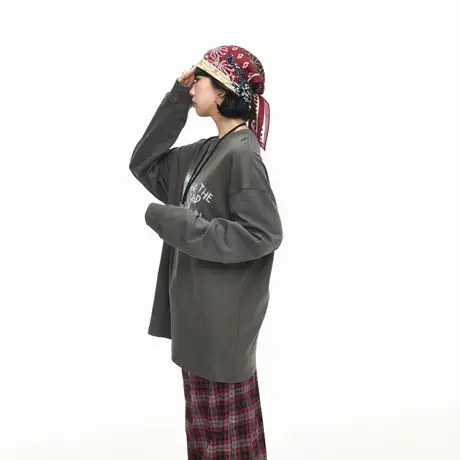 美式宽松圆领字母印花长袖T恤女春秋新款宽松oversize情侣款上衣图片